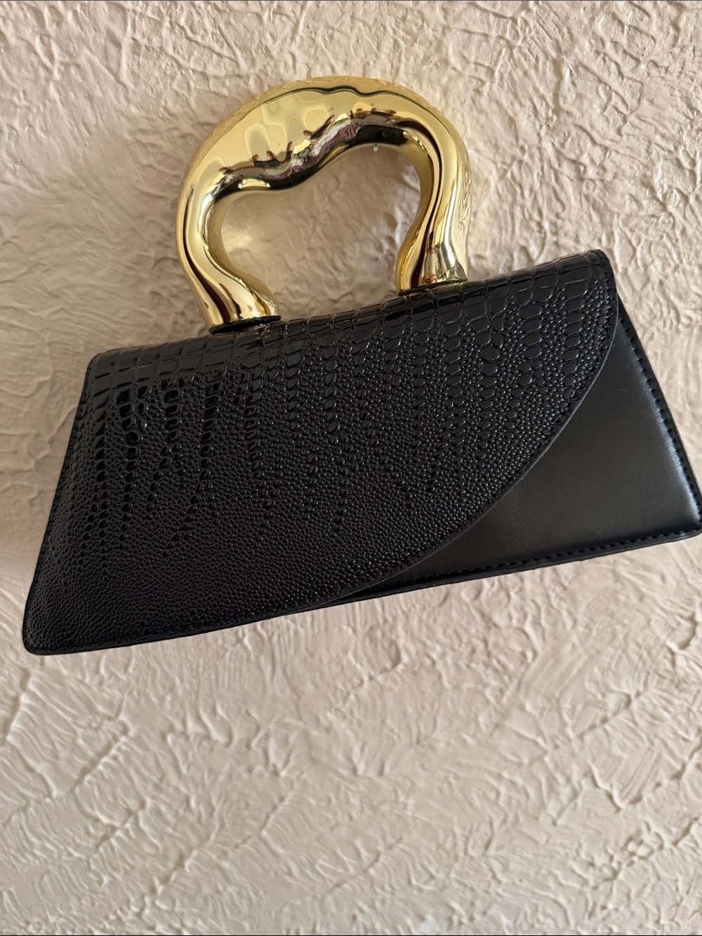 Black Croc-Texture Handbag with Sculpted Gold Handle